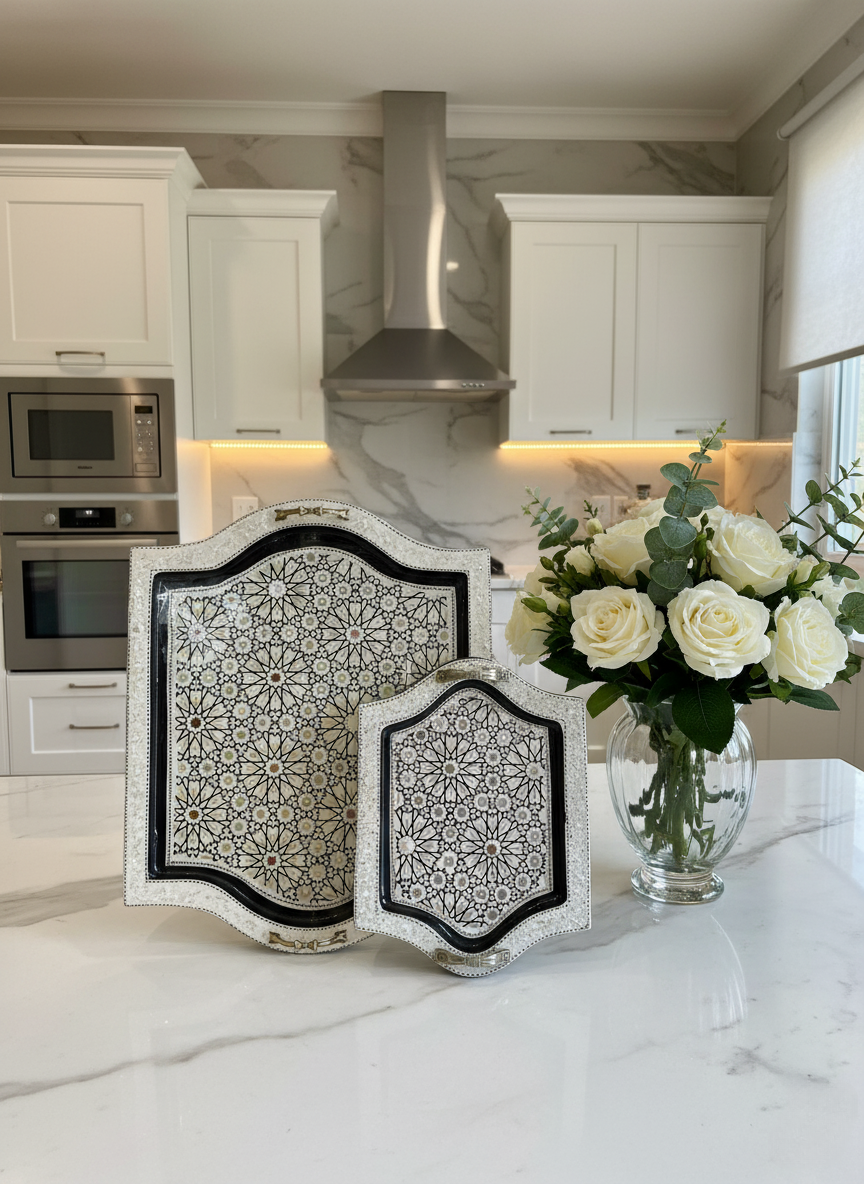 Egyptian Mosaic Inlaid Wooden Tray | Traditional Handmade Arabesque