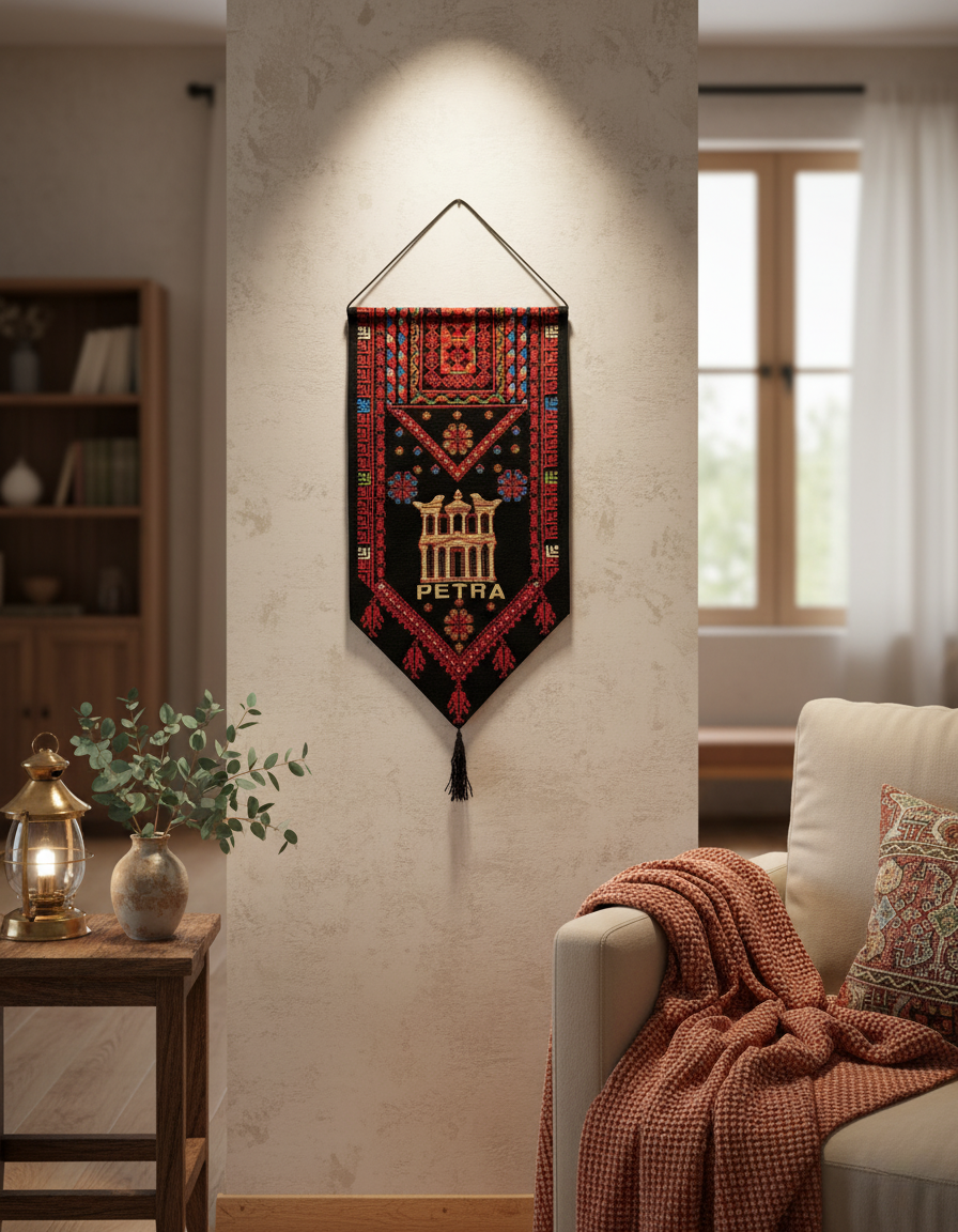 Modern Embroidered Fabric Wall Art | Black & Red