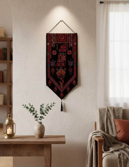 Modern Embroidered Fabric Wall Art | Black & Red