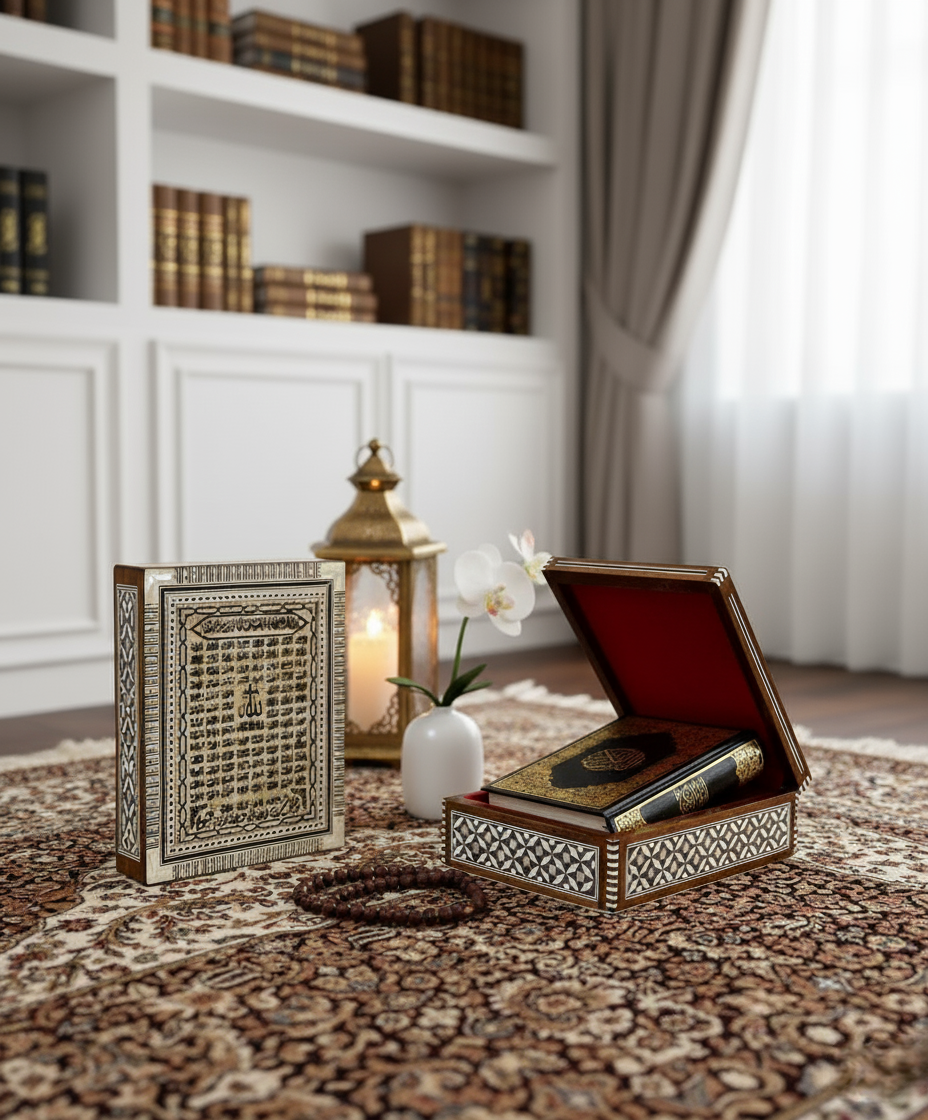 Egyptian Mosaic Shell Quran Box | Names of Allah & Red Lined Interior