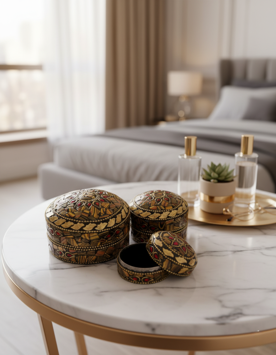 Set of 3 Mosaic Metal Round Boxes | Antique Indian Design